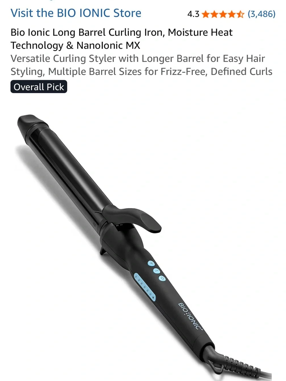 Bio Ionic Black Long Barrel Curling Iron - Smooth Defined Curls